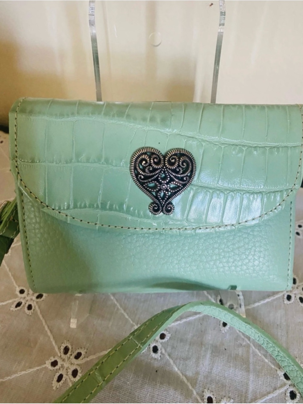Brighton Mint Green Heart Accent Crossbody Wallet Purse
